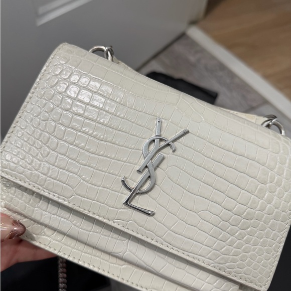 Yves Saint Laurent Handbags - Yves Saint Laurent Ivory Croc-Embossed Mini Sunset Bag